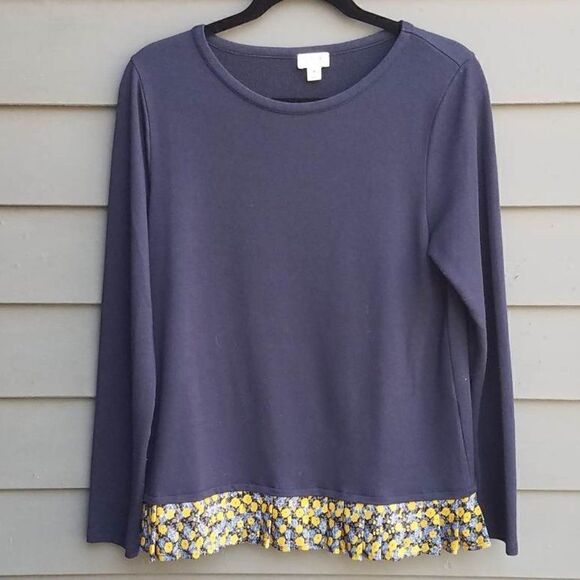 J Crew Navy Long Sleeve Tee with Pleated Floral Ruffle Size Medium - Picture 5 of 6